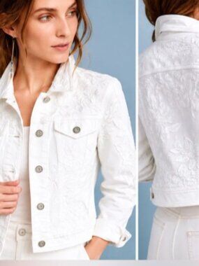 Pilcro and the Letterpress Anthropologie White Embroidered Cropped Denim Jacket